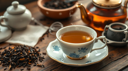 Cup of tea and teapot on wooden table, closeup