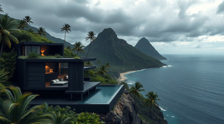 3d rendering of modern cozy house with pool and parking for sale or rent in luxurious style on the...