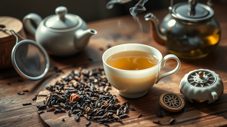Cup of tea and teapot on wooden table, closeupの写真素材