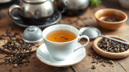 Cup of tea with teapot on wooden table, closeupの写真素材