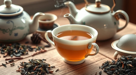 Cup of tea with teapot and cups on wooden table