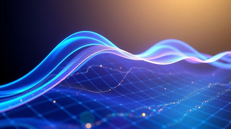 3d rendering of abstract blue wave background with glowing particles. Futuristic shape with depth of...
