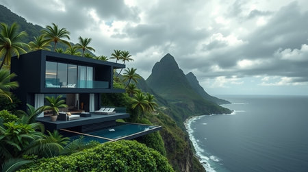 3d rendering of modern cozy house with pool and parking for sale or rent in luxurious style by the sea or ocean. Clear summer night with shiny light from window.の写真素材