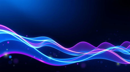 Abstract blue and purple wave background with glowing particles. Vector illustration.