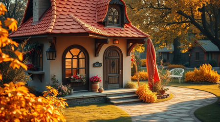 Autumn garden with a gazebo in the form of a houseの写真素材