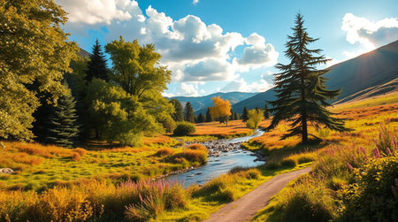 Beautiful autumn landscape with a mountain river and a coniferous forest