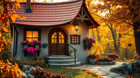 Beautiful wooden house in the autumn park with a red roof.の写真素材