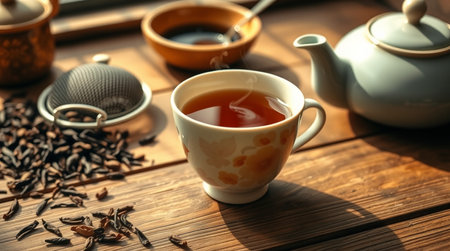 Cup of tea and teapot on wooden table, closeupの写真素材