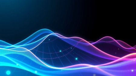 abstract technology background with wave lines and glowing particles, vector illustration