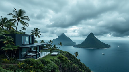 Panoramic view of luxury villa on the seashoreの写真素材