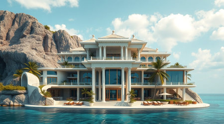 3D CG rendering of luxury villa in the sea with palm treesの写真素材
