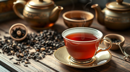 Cup of black tea with teapot and cups on wooden tableの写真素材