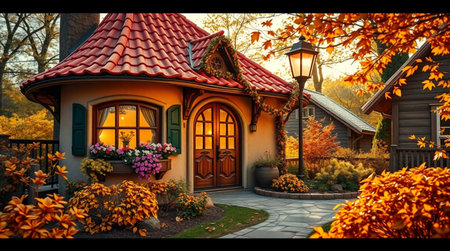 Beautiful house with lanterns in the autumn park. Toned.の写真素材