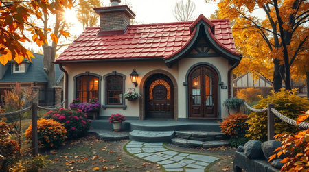 Beautiful cozy house in autumn park with colorful trees and shrubsの写真素材