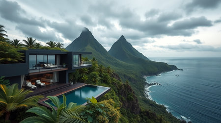3d rendering of modern cozy house with pool and parking. Beautiful tropical island in the background.の写真素材