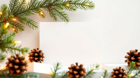 Christmas greeting card mockup with fir branches, pine cones and garland on white backgroundの写真素材