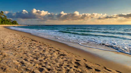 Beautiful sunset on the beach. Panoramic view of the tropical beach.