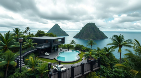 Luxury villa with swimming pool and tropical island view.