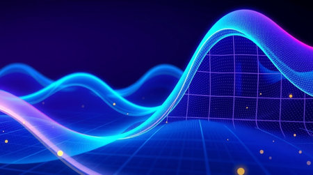 3d render, abstract technology background with blue and purple waves.