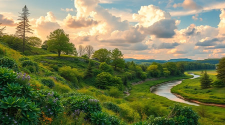 Panoramic view of the river and forest at sunset in springの写真素材