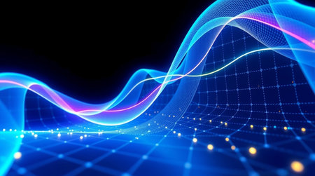 3d illustration of abstract technology background with glowing particles and wave lines