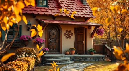 Beautiful house in the autumn park with yellow leaves and flowers.の写真素材
