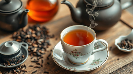 Cup of tea with teapot on wooden table, closeupの写真素材