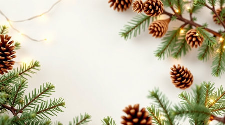 Christmas background with fir branches and pine cones on white background. Top view with copy space.の写真素材
