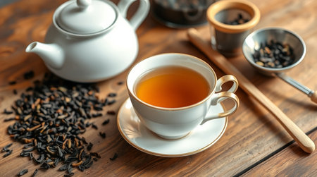 Cup of tea and teapot on wooden table, closeupの写真素材