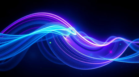 abstract blue wave background with glowing particles, 3d render illustration