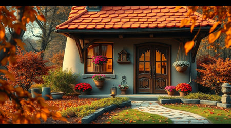 Autumn in the park. 3d render of a beautiful houseの写真素材
