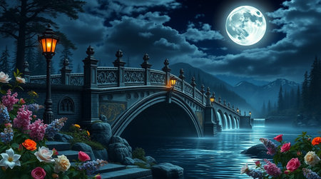 Fantasy landscape with bridge over the river at night and full moon