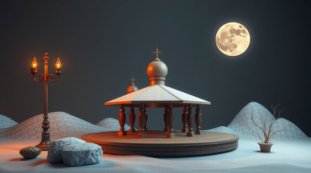 3d render of a gazebo with a lantern and a moon