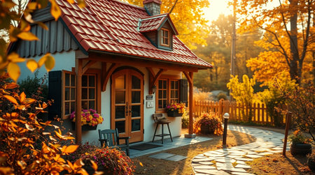 Wooden house in the autumn park. Beautiful autumn landscape with colorful trees and flowers.の写真素材