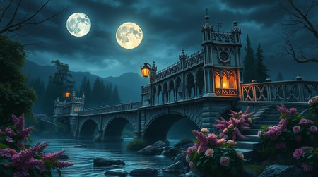 Fantasy landscape with bridge over the river at night and full moonの写真素材