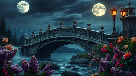 Lilac flowers on the background of a bridge and a full moonの写真素材