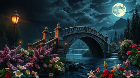 Beautiful fantasy landscape with bridge and river at night. 3d renderの写真素材