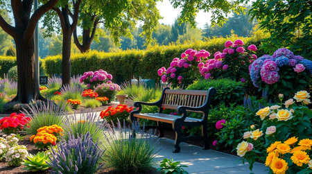 Beautiful flower garden with bench and colorful flowers in the summer.の写真素材