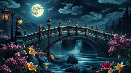 Romantic night landscape with bridge, flowers and a full moon.の写真素材