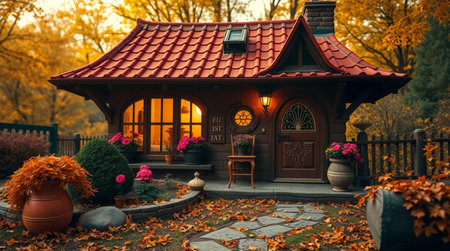 Wooden house in the autumn park. Wooden house with a roof.の写真素材