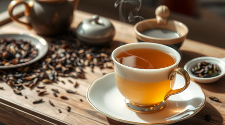 Cup of tea on wooden table, closeup.の写真素材