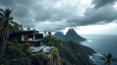 Luxury villa on the top of a hill overlooking the oceanの写真素材