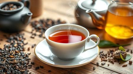 Cup of tea and teapot on wooden table, closeup