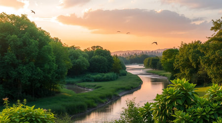 Sunset over the river with birds flying over the river in summerの写真素材