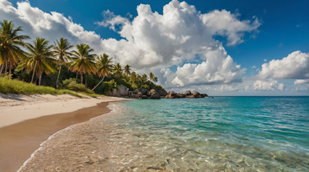 Panoramic view of beautiful tropical beach at Seychellesの写真素材