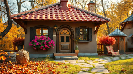 Beautiful cozy house in the autumn park. Landscape design.の写真素材