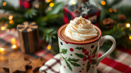 Cup of hot chocolate with whipped cream and christmas decorations on wooden background