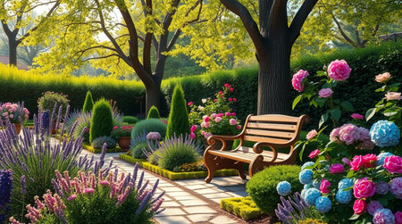 Beautiful flower garden with bench and blooming flowers in spring time