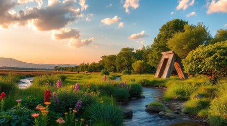 Sunset view of a bridge over a small river in the countrysideの写真素材