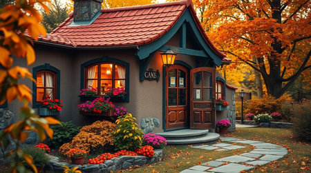 Beautiful wooden house in the autumn park. Beautiful autumn landscape.の写真素材